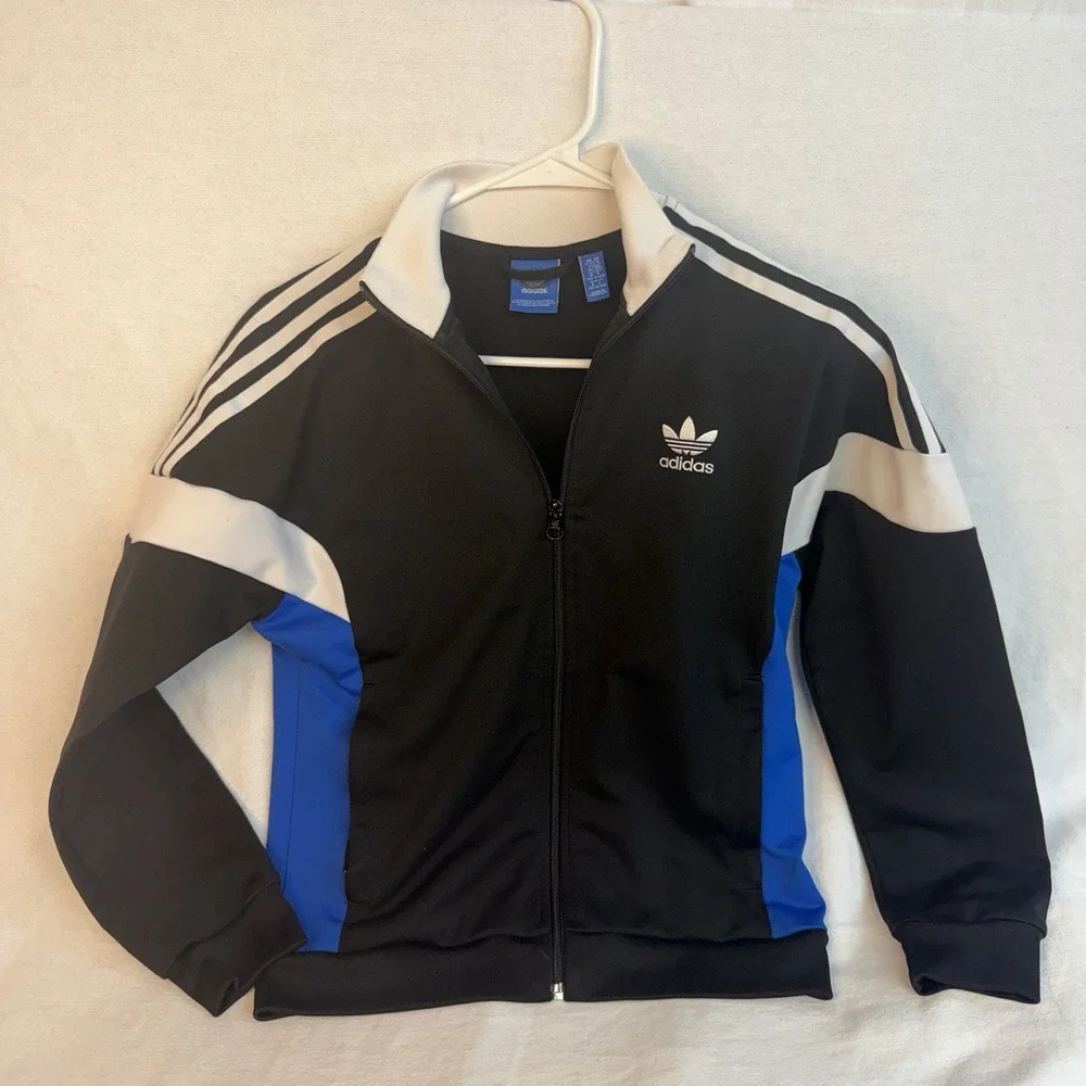 Adidas Track Jacket Boys Medium Sporty Black White Blue
